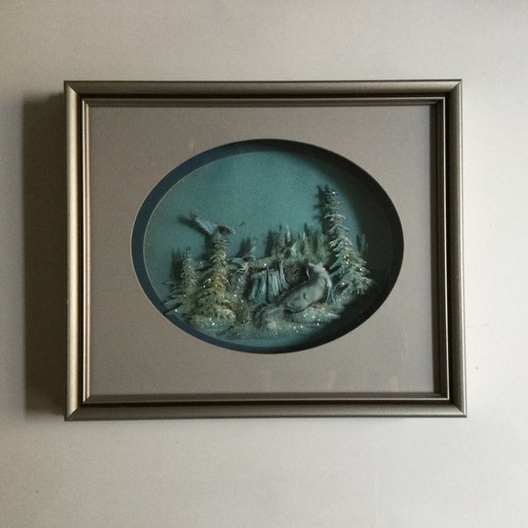 Paper art in shadow box snow covered tree, bird, fox? oval - Picture 3 of 4